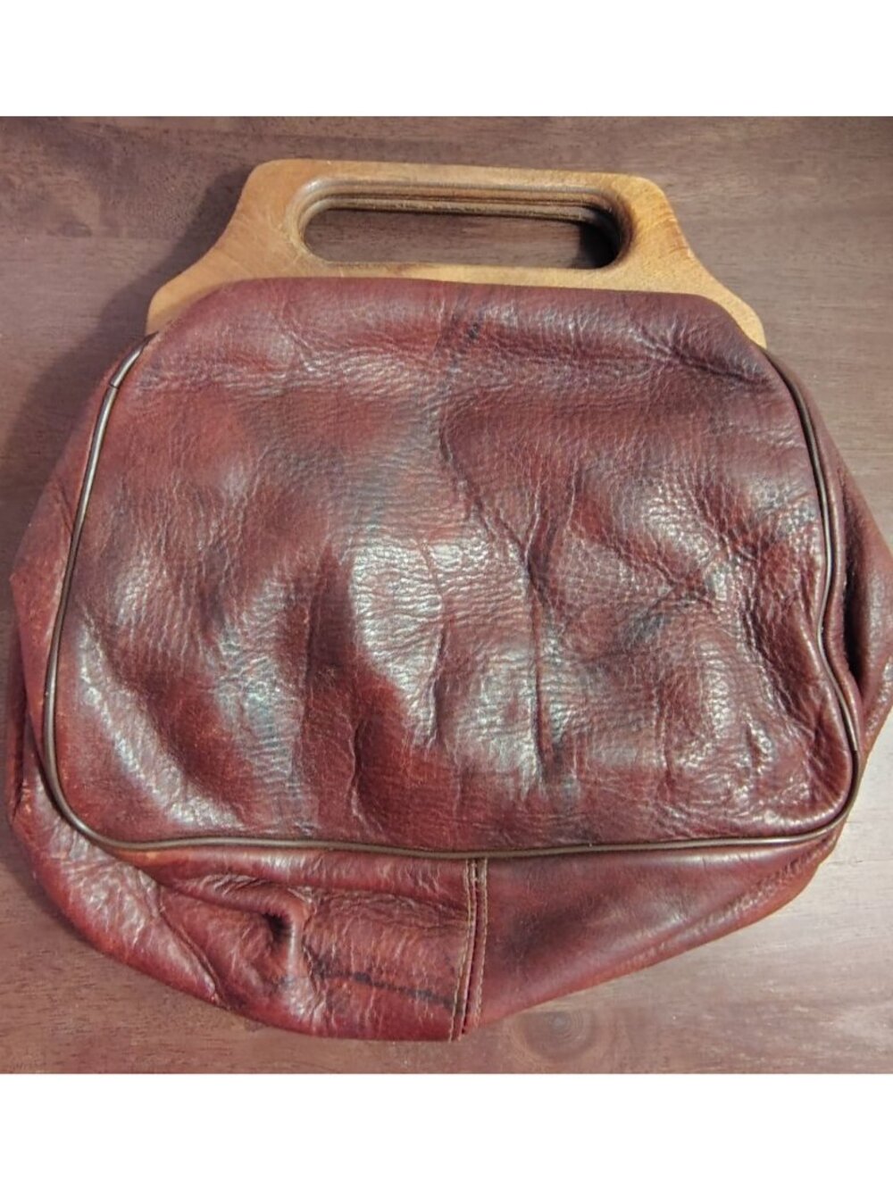 Vintage Davey's Brown Distressed Leather Clutch Purse, Wooden Handle Boho Hippie
